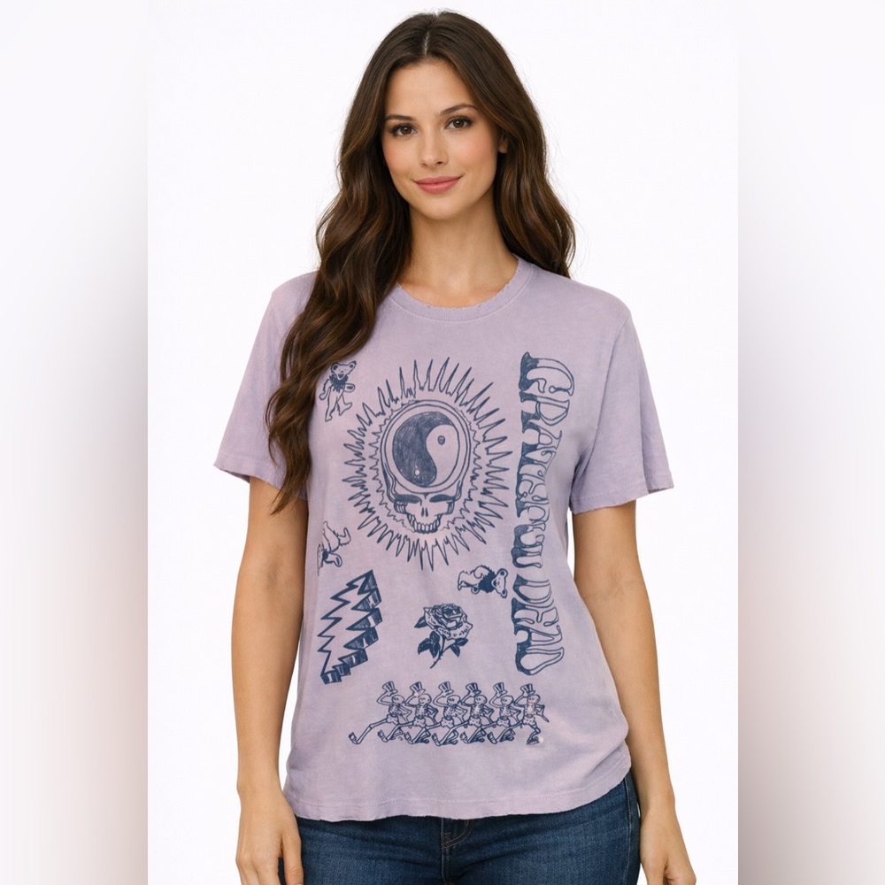 Grateful Dead Junk Food Pink Graphic Tee Distressed Skull Yin Yang Shirt Size S